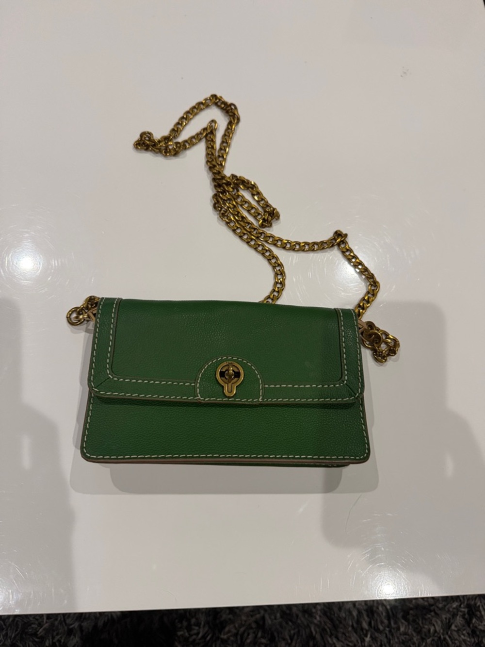 Fossil Green Leather Crossbody with Gold-Tone Chain